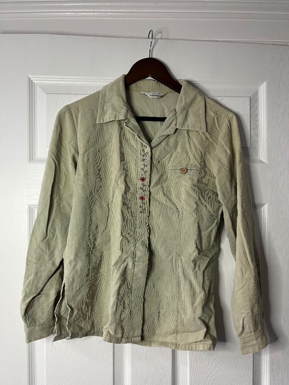 Green corduroy button up long sleeved shirt with flower emboridery
